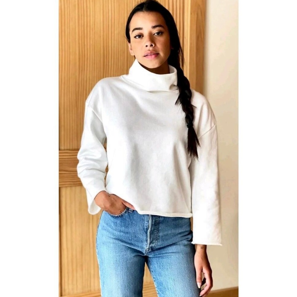 Emerson Fry White Organic Cotton Turtleneck Sweatshirt Raw Hem Medium